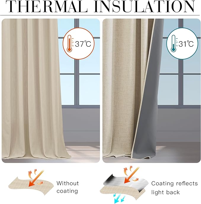RYB HOME Warm Sand 100% Blackout Curtains for Bedroom, Linen Drapes Back Tab&Rod Pocket, Thermal Insulated Privacy Assurd Curtains for Sliding Glass Doors/Dining/Living Room, W52 x L84, 2 Panels - Image 5