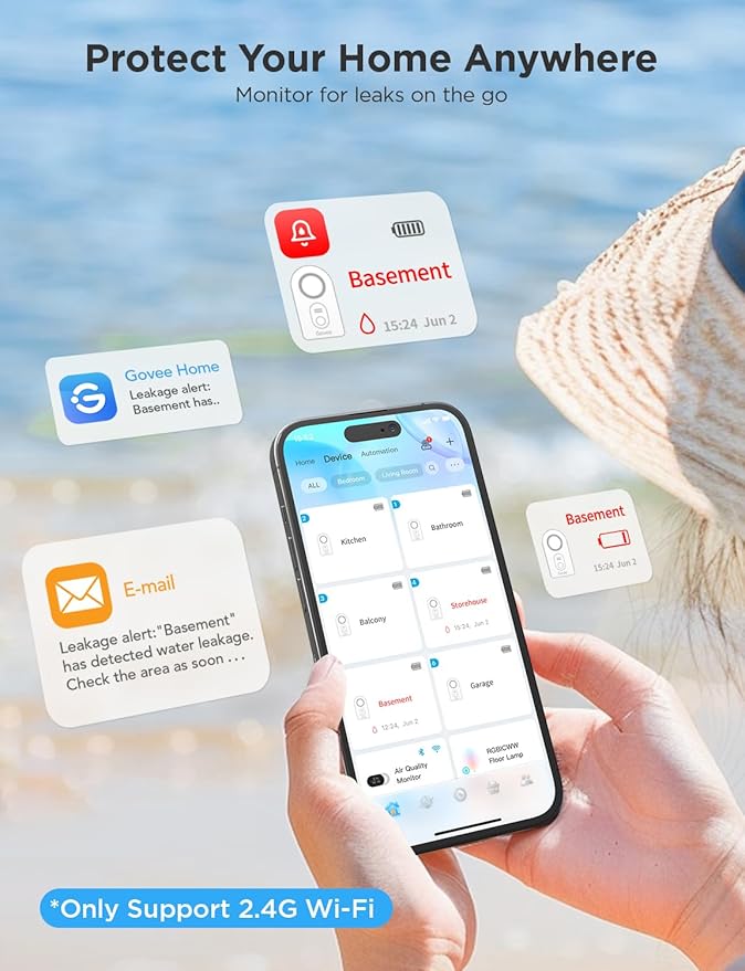 Govee WiFi Water Leak Detector 3 Packs, Leak Alert with Remotely Email/APP Push and Sound Alarm, Smart Water Sensor with 100dB Adjustable Alarm, Suit for Home and Basement - Image 2