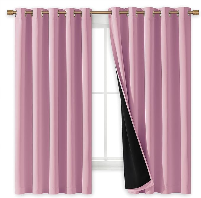 NICETOWN 100% Blackout Curtains with Black Liners, Thermal Insulated Full Blackout 2-Layer Lined Drapes, Energy Efficiency Window Draperies for Bedroom (Crystal Pink, 2 Panels, 70-inch W by 63-inch L) by NICETOWN