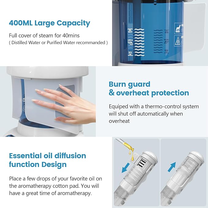 Nisperos Nano Ionic Facial Steamer - 360° Rotatable Sprayer - 40 Minutes Warm Mist - Humidifier - Professional Face Steamer for Facial Deep Cleaning (White) - Image 4