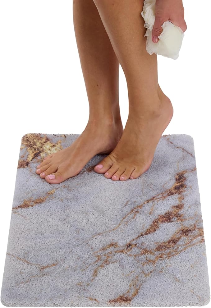 ENKOSI Loofah Non-Slip Shower and Bath Mat - Soft Cushioned Comfort - No Suction Cups for Smooth or Textured Tubs - Fast Draining - Safety for Bathroom, Family and Elderly (24x16 Marble Blue Gold) by ENKOSI