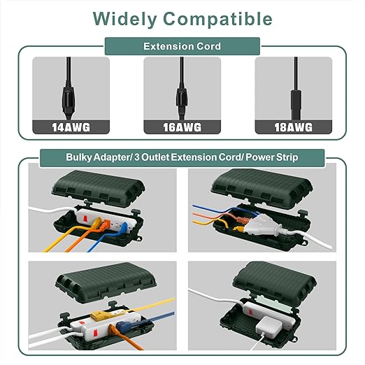 Outdoor Waterproof Electrical Box, Large Extension Cord Cover (9.05x6.61x2.67inch) Plug Protector Cable Connection Safety Box IP54 Water-resistant for Power Strip, Holiday Light and Decorations, Green - Image 2