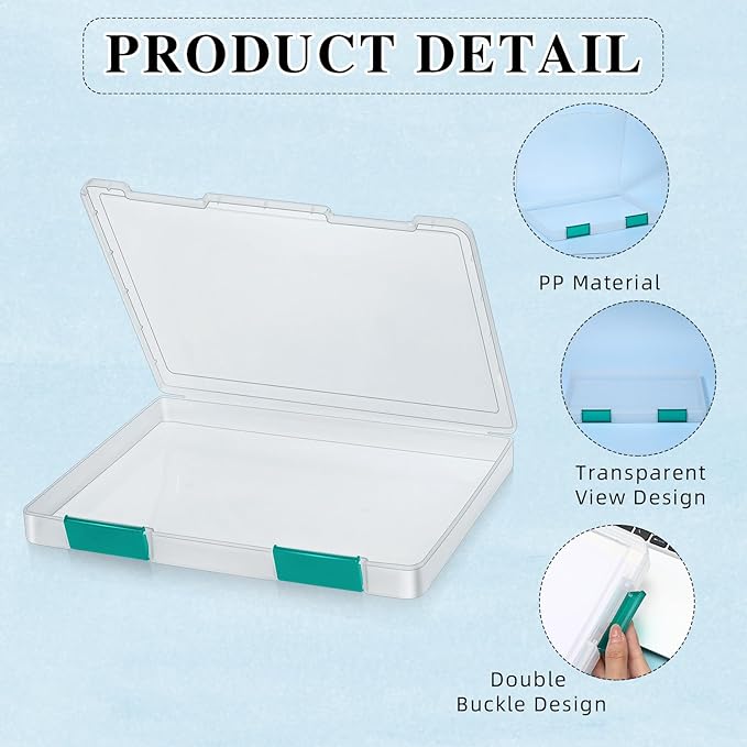 PerKoop 6 Pcs Clear Paper Storage Box A4 Plastic File Box Document Paper Organizer Storage Board Game Project Cases Containers with Buckle for Craft, Magazine(12.4 x 9.84 x 1.18 Inches,Dark Green) - Image 3