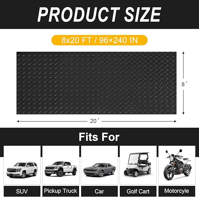 8x20 FT Garage Floor Mat, 2.8mm Thickened Flooring Roll for Under Car Diamond Plate PVC Rubber Mat with 20 Pcs Tapes, Non-Slip Floor Mat for Garage, Warehouse, Gyms, Trailer, Black - Image 2
