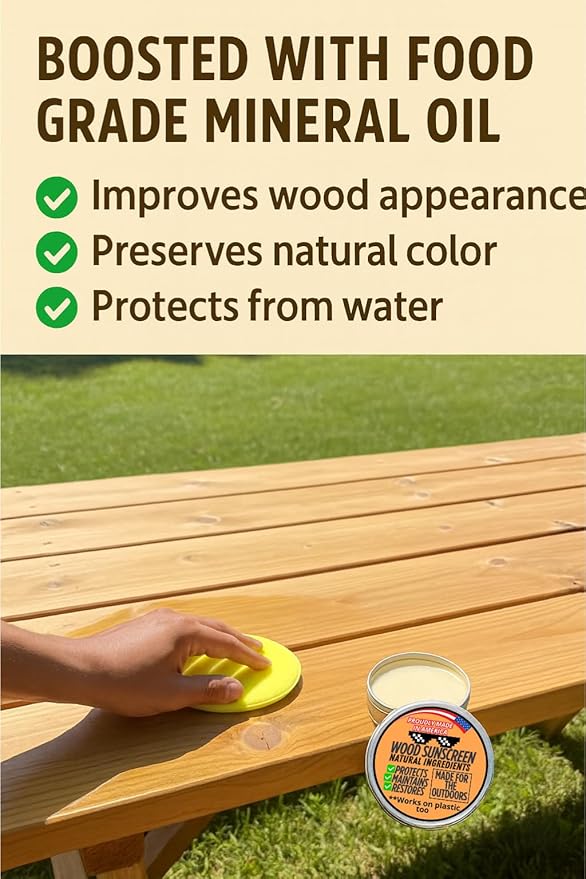 Wood Sunscreen Conditioner & UV Protectant Salve – USA Made Wood Outdoor Protector for Patio Furniture, Tables & Decks. Restores, Nourishes & Shields from Sun & Weather Damage. Long Lasting Protection - Image 4
