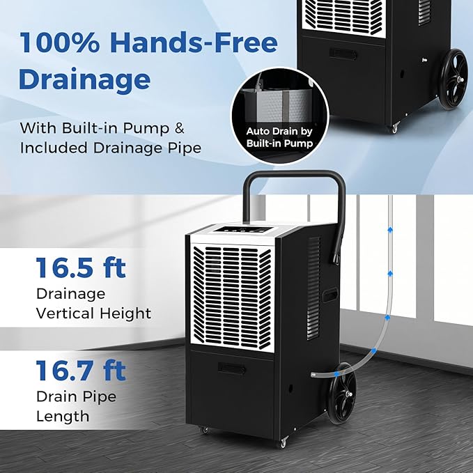 ARLIME 163 Pints Commercial Dehumidifier w/Pump & Drain Hose, Industrial Heavy Duty Portable Dehumidifier for Large Spaces, Basement, Warehouse, Water Damage Restoration, Up to 4500 Sq.Ft (White) - Image 3