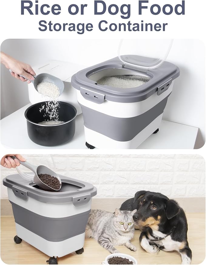 20-30 Lbs Rice Storage Container,Collapsible Food Storage Containers with Rolling Wheel Airtight Locking Lid,Flour Storage Container with Cup and Scoop,Suitable for Food,Rice,Pet Food,Flour - Image 6
