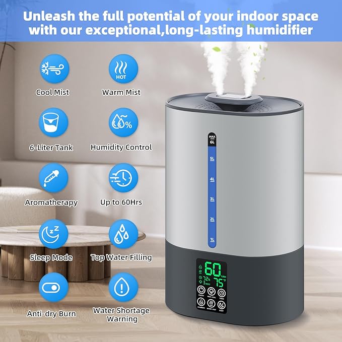 6L Humidifiers for Bedroom Large Room Home, Cool and Warm Humidifiers for Baby and Plants Mist Top Fill Desk Humidifiers Essential Oil Diffuser, Quiet with Adjustable Mist,360°Nozzle-Grey - Image 4