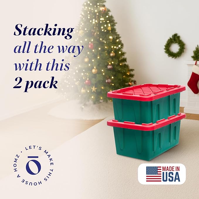 HOMZ 2-Pack Durabilt, Heavy Duty Plastic Storage Bins with Lids, 15 Gallon, Green/Red - Stackable Container Boxes for Holiday, Attic, and Garage Organization - Image 2