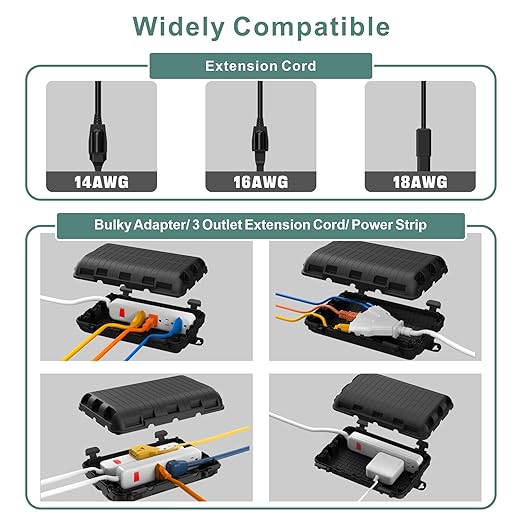 Outdoor Waterproof Electrical Box, 2 Pack Large Extension Cord Cover Protector Plug Connection Cable Safety Box IP54 Water-Resistant for Power Strip, Holiday Light and Decorations, Black - Image 3