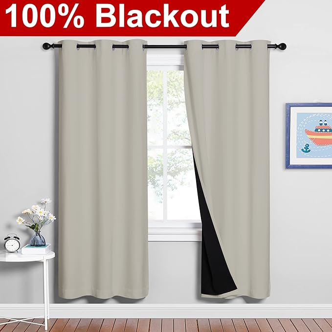 NICETOWN 100% Blackout Window Curtain Panels, Full Light Blocking Drapes with Black Liner for Nursery, 72-inch Drop Thermal Insulated Draperies (Natural, 2 Pieces, 42-inch Wide Per Panel) - Image 2