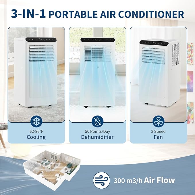GarveeLife Efficient & Quiet Cooling - 8000 BTU 4-in-1 Portable Air Conditioner with Dehumidifier, Fan & Sleep Mode - Cools up to 350 Sq.Ft - Remote, 24H Timer, Window Kit - White Control Panel - Image 6