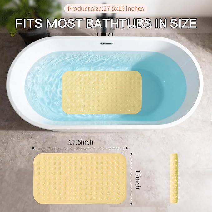 Anti-Slip Bathtub Shower mat, 27.5×14.5（Approximately 70×37cm） inch Soft Oversized Machine Washable Non-Slip Bathtub mat with Drainage Holes, Bathroom Floor Suction Cup.（1-Opaque Light Yellow） - Image 3