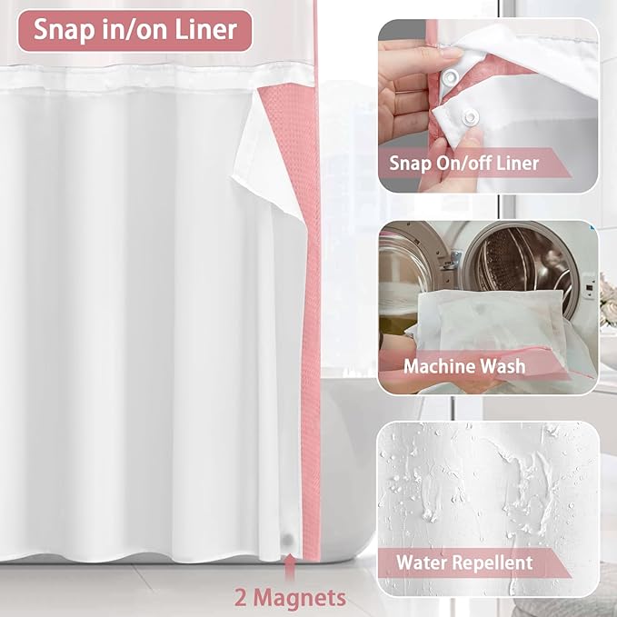 No Hook Shower Curtain and Liner Set,Pink Hotel Waffle Shower Curtain with Liner 75" L x 72" W - Image 4