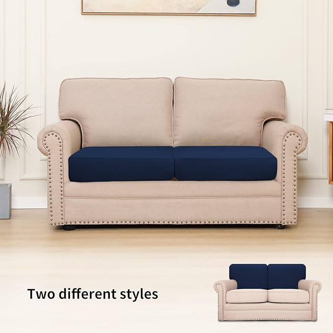 Easy-Going Stretch Individual Loveseat Couch Cushion Cover Sofa Cushion Furniture Protector Sofa slipcover Soft Flexibility with Elastic Bottom (2-Piece Loveseat Cushion Cover, Navy) - Image 2