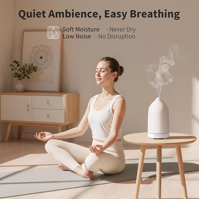 URPOWER 120ML Essential Oil Diffuser Ceramic Aromatherapy Diffuser with 7-Color LED Lights, Auto Shut-Off, 2 Mist Modes, Humidifier for Home Office Decor, Scent Diffuser for Yoga Spa - Image 6