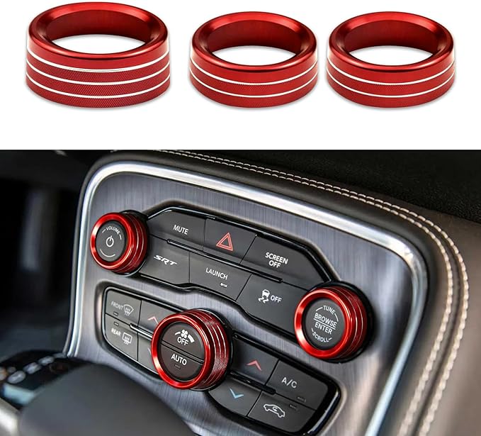3PCS Air Conditioner Switch Button Knob Cover, Auto Accessories Climate Control Knob Covers, Aluminum Alloy Knob Ring Trim Cover Compatible with Dodge Challenger Durango 2015-2022 (Red) by Unknown