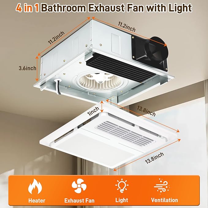 Exhaust Fan with Light and High-Efficiency Heater | Advanced 4-in-1 Bathroom Vent Fan System | 1800W Rapid Heating, 190 CFM Powerful Ventilation, Ultra-Quiet 30dB Operation | Energy-Saving Design - Image 2