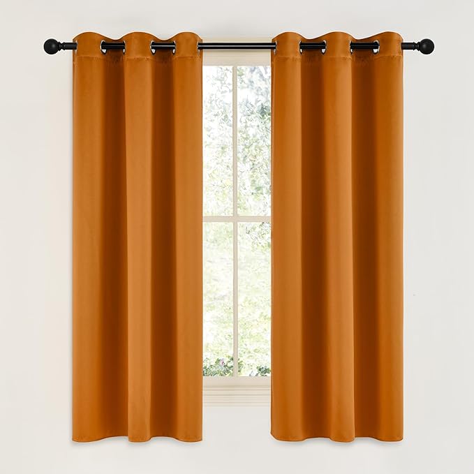 NICETOWN Room Darkening Cafe Satin Curtains for Small Windows, 42" Wide by 63" Long, 2 Panels, Orange, Grommet Privacy Faux Silk Blackout Drapes for Bedroom by NICETOWN