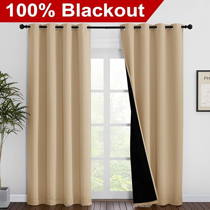 NICETOWN Living Room Completely Shaded Draperies, Privacy Protection & Noise Reducing Ring Top Drapes, Black Lined Insulated Window Treatment Curtain Panels(Biscotti Beige, 2 Pieces, W55 x L86) - Image 2