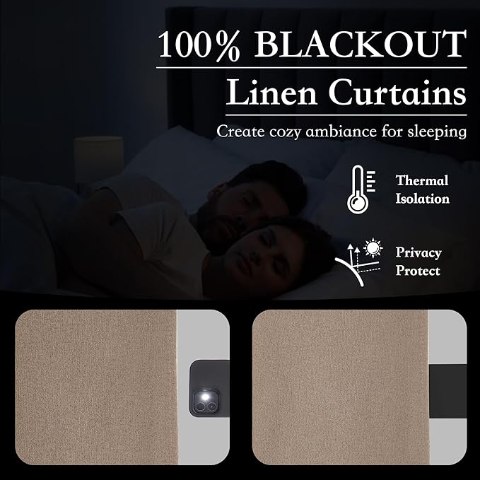 RYB HOME 100% Blackout Flax Linen Curtains 90 Inch Long, Light Block and Thermal Insulated Drapes, Total Blackout Curtains for Living Room/Bedroom/Nursery, 2 Panels, 52 Inch Wide, Mocha - Image 3
