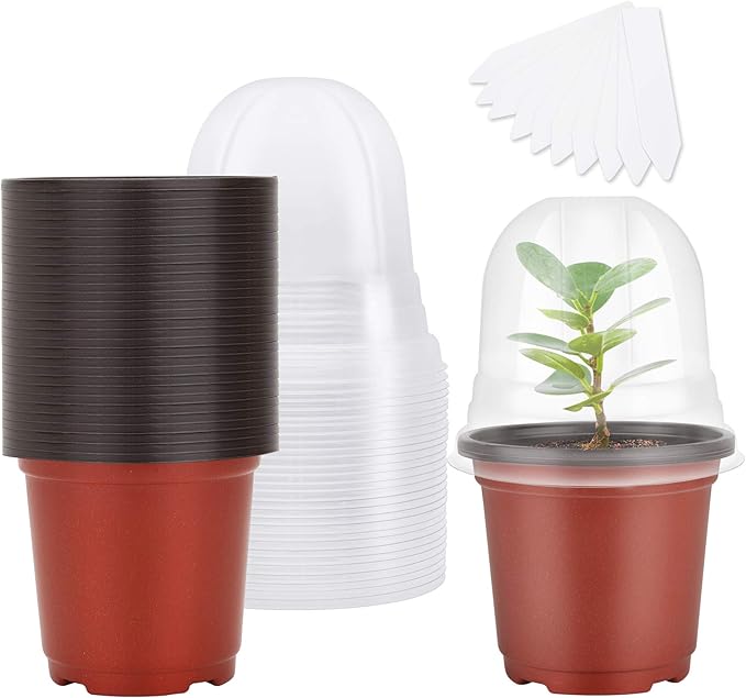 MIXC Plant Nursery Pots with Humidity Dome 4" Soft Transparent Plastic Gardening Pot Planting Containers Cups Planter Small Starter Seed Starting Trays for Seedling with 10pcs Plant Labels，30 Sets by MIXC