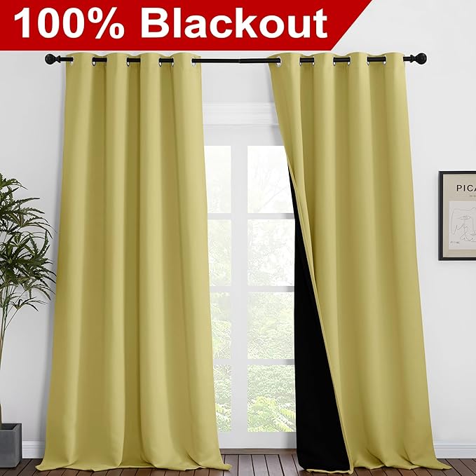 NICETOWN 100% Blackout Blinds, Set of 2, 52 inches x 120 inches, Laundry Room Decor Window Treatment Curtains for Large Patio Sliding Door, Thermal Insulated Paler Yellow Curtains for Bedroom - Image 2