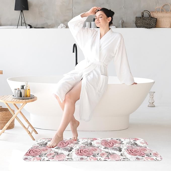Pink Flower Leaves Bath Mat Non Slip, Floral Rose Spring 40 X 16 Inch Extra Long Bathtub Shower Mat for Tub Anti Slip with Suction Cups and Drain Holes for Kids Adults Elderly - Image 7