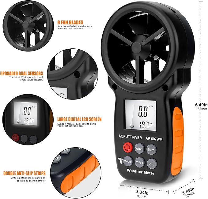 Digital Anemometer Barometer Pressure Gauge for Wind Speed ​​Temperature/Humidity/Dew Point/Wind Chill/Altimeter Barometer with Backlight MAX MIN AVG AP-007WM - Image 4
