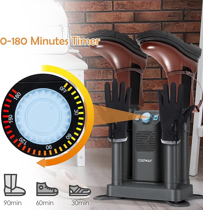COSTWAY Boot Dryer, Shoe Dryers with 180 Mins Timer & Heating Blower, Ozone Disinfection, Extendable Design, Electric Shoe and Boot Warmer for Work Boots, Ski, Glove, Hats, Grey - Image 4