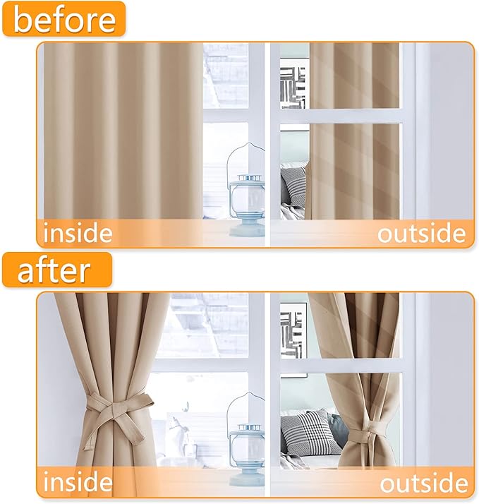 Hiasan Blackout Window Curtain Panels, Thermal Insulated, Light Blocking, Noise Reducing Room Darkening Curtains, Sewn with Tiebacks, Set of 2, Grommet Top (Beige, Width 42 Inch x Length 72 Inch) - Image 5