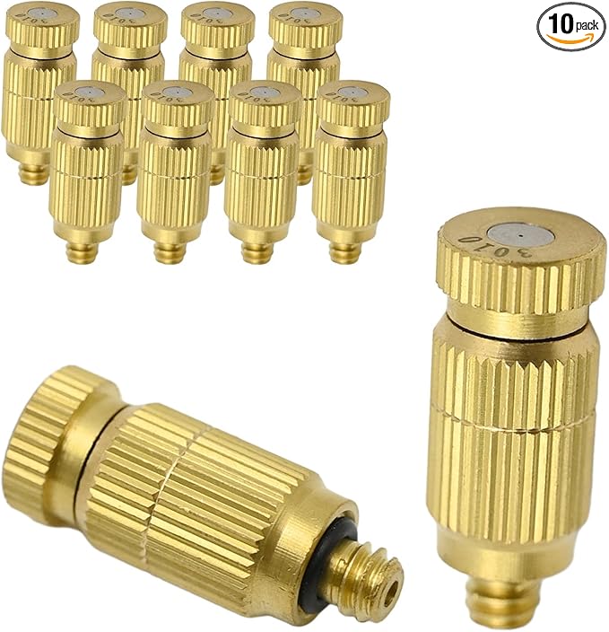 Brass Misting Nozzle, 10 Pack High Pressure Spray 10/24 UNC Anti-drip Fogging Spray Head Misting System Tips for Outdoor Cooling System 0.012" Orifice (0.3 MM) by Vkinman