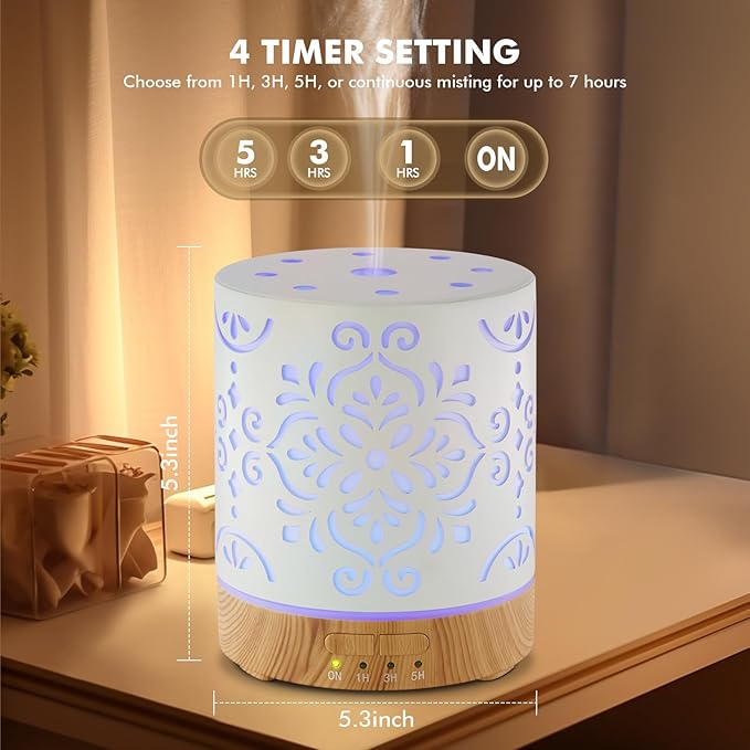 Essential Oil Diffuser for Home - 300ML Metal Aromatherapy Diffuser with Auto Shut-Off Protection & 4 Timers, Ultrasonic Humidifier with 7 Colors Lights for Large Room, Home Office Décor(White Flower) - Image 4