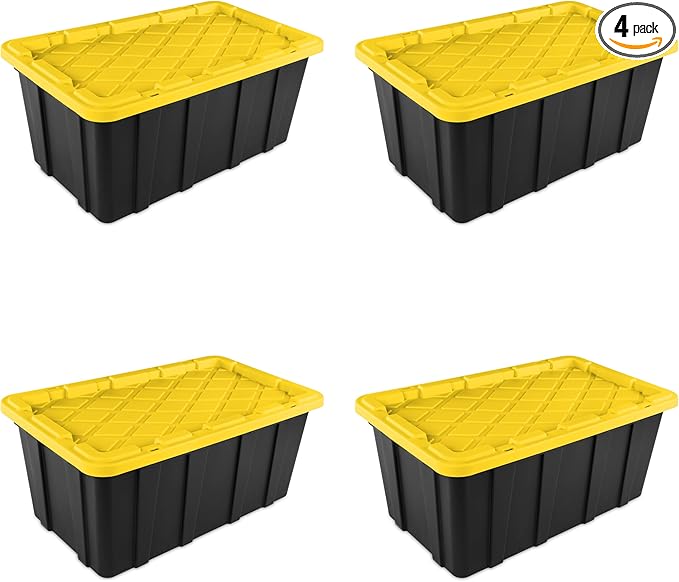 Sterilite 38 Gal Industrial Tote, Stackable Storage Bin with Snap-Fit Lid for Garage, Basement & Attic Storage, Black Base and Yellow Lily Lid, 4-Pack by Sterilite