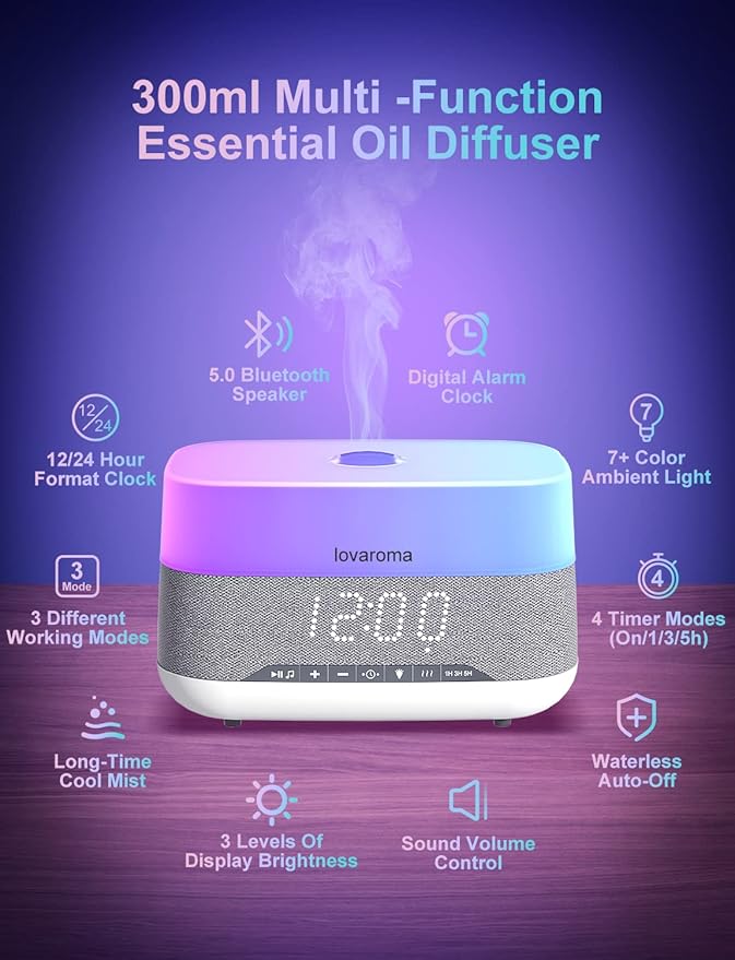 Versatile Essential Oil Diffuser, 300ml Aroma Diffuser with Bluetooth Speaker and Alarm Clock, 7 Colors LED Light Aromatherapy Diffusers & Cool Mist Humidifier 3-Level Brightness, Auto-Off Protection - Image 2