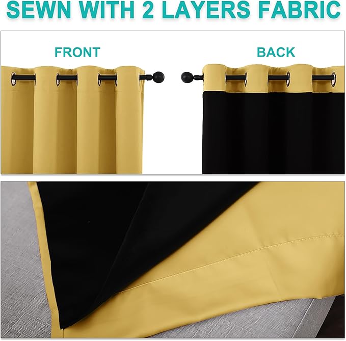 NICETOWN 100% Blackout Curtains with Black Liners, Thermal Insulated Full Blackout 2-Layer Lined Drapes, Energy Efficiency Window Draperies for Bedroom (Bright Yellow, 2 Panels, 55" W by 68" L) - Image 5