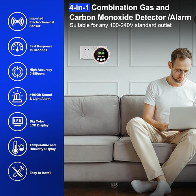 4 in 1 Carbon Monoxide Detector and Gas Detector, Dual Sensor Alarm Natural Gas Leak Detector & Carbon Monoxide Detectors Plug in, Battery Backup/Temp, Humidity for Home, Apartment, Hotel, Camping RV - Image 2
