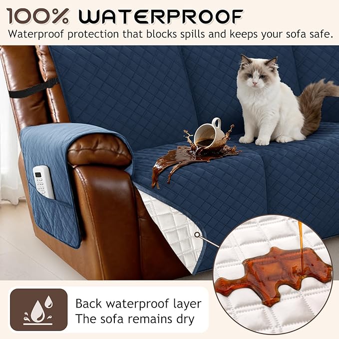 Arfntevss Waterproof Recliner Sectional Couch Covers for Reclining Sectional L Shape Sofa Cover Non Slip Washable Recliner L Shaped Slipcover Dog Additional Seat Protector (1 Seat Cover, Dark Blue) - Image 2