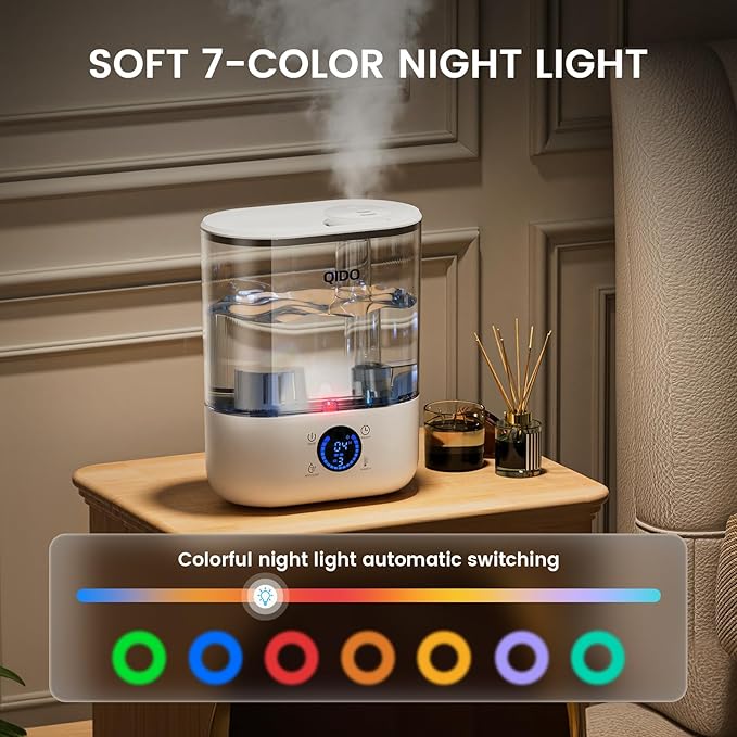 QIDO Top Fill Humidifiers for Bedroom, 5 L Cool Mist 36H Super Long Time, Quiet 28dB Essential Oil Diffuser for Baby & Plants, 3 Adjustable Mist with Touch/APP/7-color Nightlight, Auto Shut-off, White - Image 8