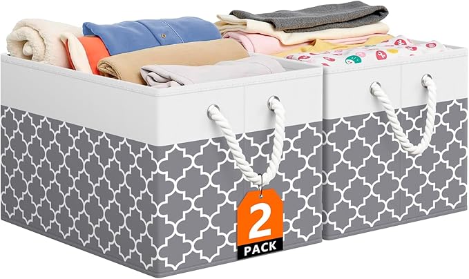Storage Bin,Collapsible Storage Basket For Organizing,Large Storage Boxes With Rope Handles,Storage Containers,Clover Grey,2 Pack by StorageTastic