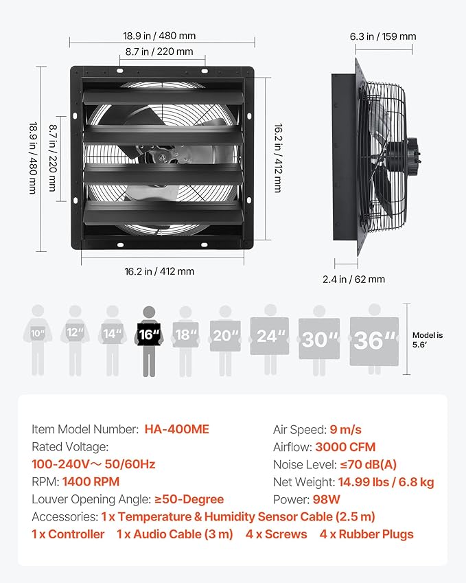 VEVOR 16 inch Exhaust Fan, Wall Mounted Attic Fan with Variable Speed, Temperature & Humidity Controller, 3000 CFM, Automatic Shutter - Image 7