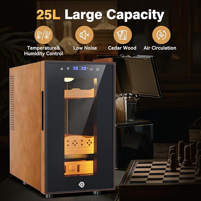 Electric Cooler Cabinet 25L with Temperature and Humidity Control, Leather Finish, Spanish Cedar Wood Shelves and Safety Lock (200 Counts Capacity), Gift for Men - Image 5