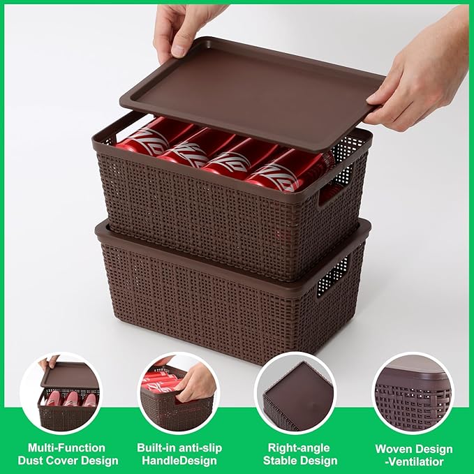 6 Pack Plastic Storage Baskets With Lids,Brown Breathable Stackable Storage Bins,Small Storage Containers,for Organizing Storage Baskets on Desktops,Closets,Playrooms,Classrooms,Offices - Image 4
