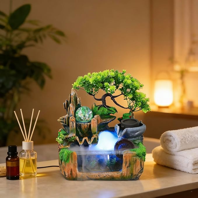 10Inch Bonsai Tree Rock ​Water Fountains Indoor Tabletop Waterfall Humidifier with LED Light and Atomizer Mist, Desktop Decoration Fake Plants Mini Fish Tank Feng Shui Decor Festival Birthday surprise - Image 6