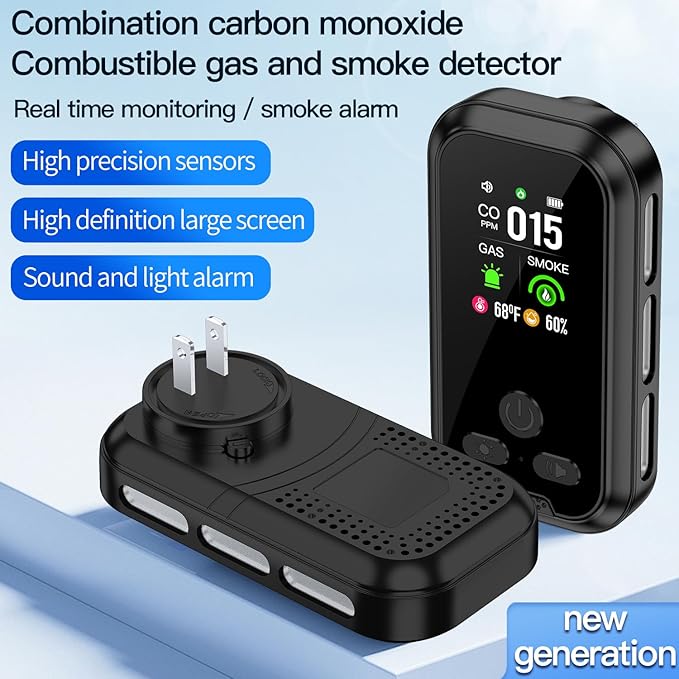 5IN1 Plug in Smoke & Carbon Monoxide Detector & Combustible Natural Gas Combination Builti-in Backup Battery HD Screen [Smoke CO Gas Temp Humidity Sensor] for Home Hotel RV (1-Pcs, Black) - Image 3