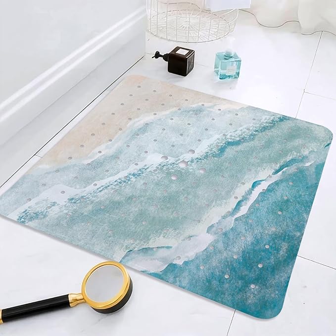Beach Square Anti Slip Shower Mats for Inside Shower Accessories, Cute Bath Mats for Bathroom Non Slip Shower Floor Mat Sea Decor Rubber Bathmat with Suction and Drain Holes Machine Washable, 21″X21″ - Image 8