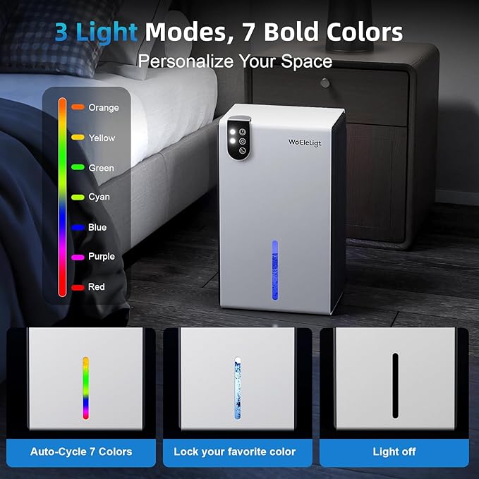 Dehumidifier for Home (85 OZ, 1000 sq ft) Small Dehumidifiers for Basement, Auto Shut-Off, Sleep Mode, 7 Color Light, Quiet Dehumidifier for Bedroom, Bathroom, Living Room with Drain Hose(White Black) - Image 6