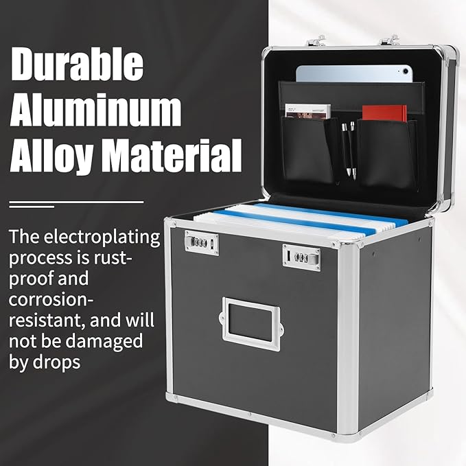 Aluminum Alloy File Organizer Box, 13.8x10x13.4in Portable File Box with Dual 3-Digit Combination Locks - for Letters, Documents, Office Supplies - Image 8