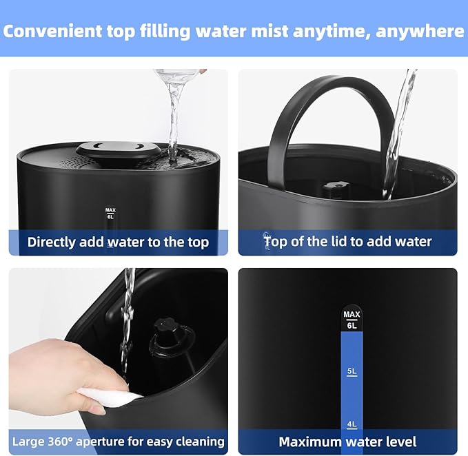6L Humidifiers for Bedroom Large Room Home,Cool and Warm Humidifier for Baby and Plants Hot Mist Top Fill Desk Humidifier Oil Diffuser,Quiet,Auto Mode,360°Nozzle-Midnight Black(2026 Upgraded) - Image 6