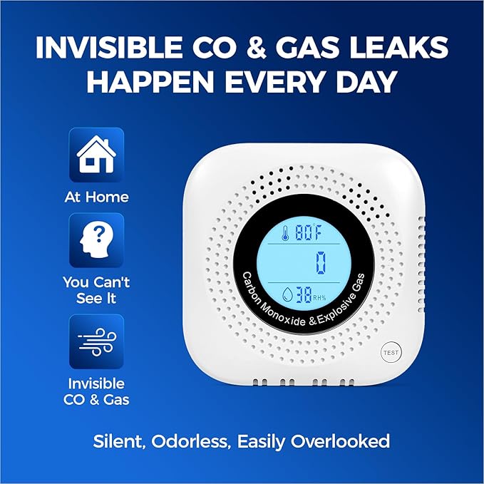Plug-in Carbon Monoxide & Natural Gas Leak Detector, 4-in-1 CO, Methane, Propane Alarm with Temperature & Humidity Monitor for Home, Kitchen, RV, Hotel, Travel – White - Image 2